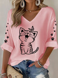 Women's Cute Cat Print Waffle T-shirt