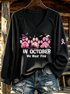 Women'S In October We Wear Pink Printed Long Sleeve T-Shirt