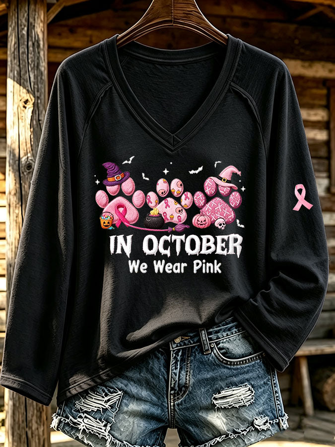 Women'S In October We Wear Pink Printed Long Sleeve T-Shirt
