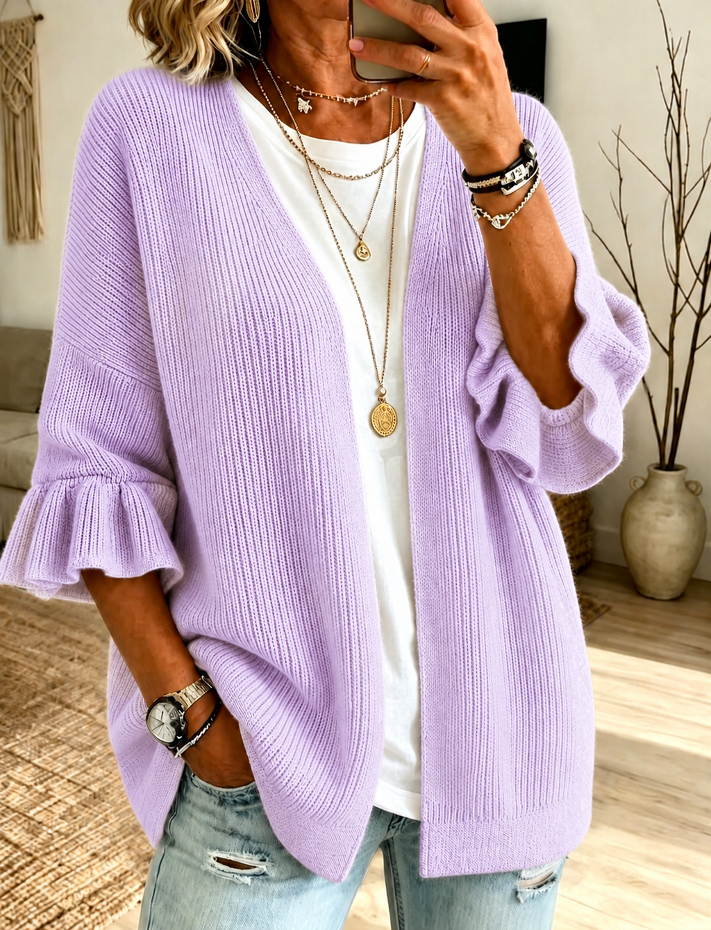 Women'S Casual Solid Color Lotus Leaf Sleeve Cardigan