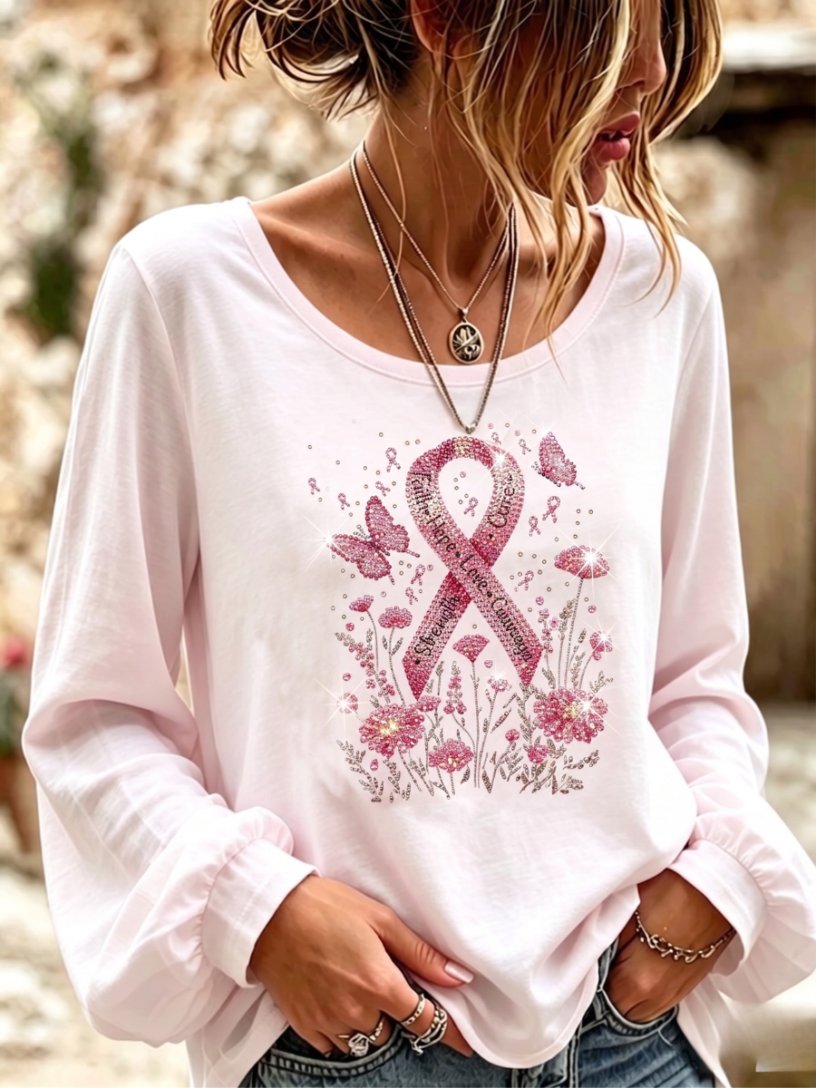 Women'S Vintage Flower Breast Cancer Awareness Print Top