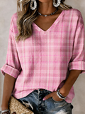 Women'S Breast Cancer Awareness Support Pink Grid Pattern V-Neck Shirt