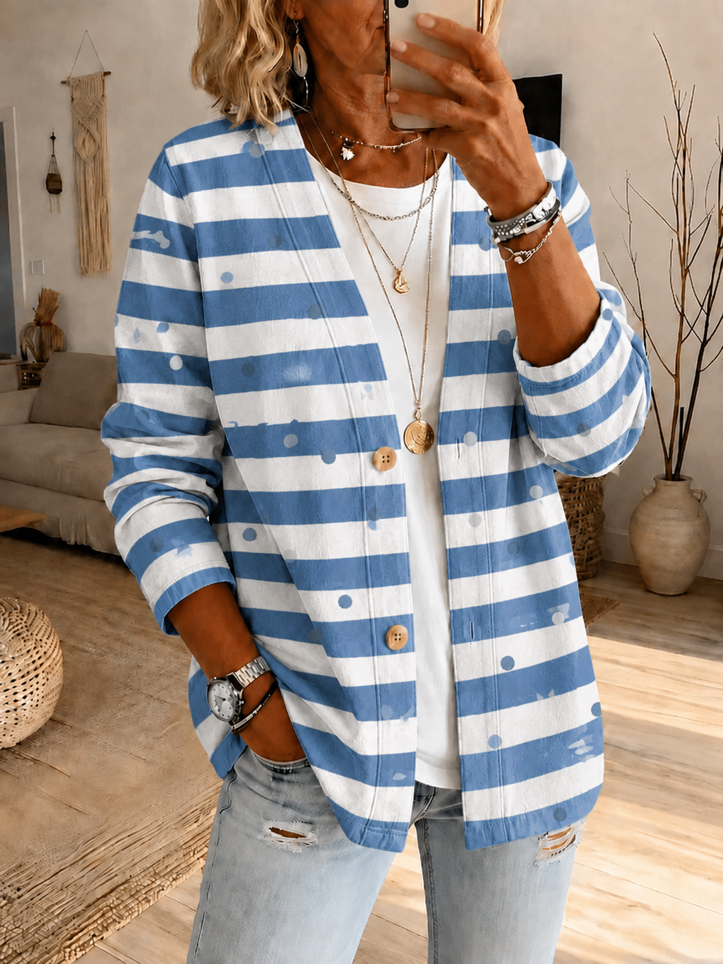 Women'S Striped Polka Dot Printed Casual Cardigan