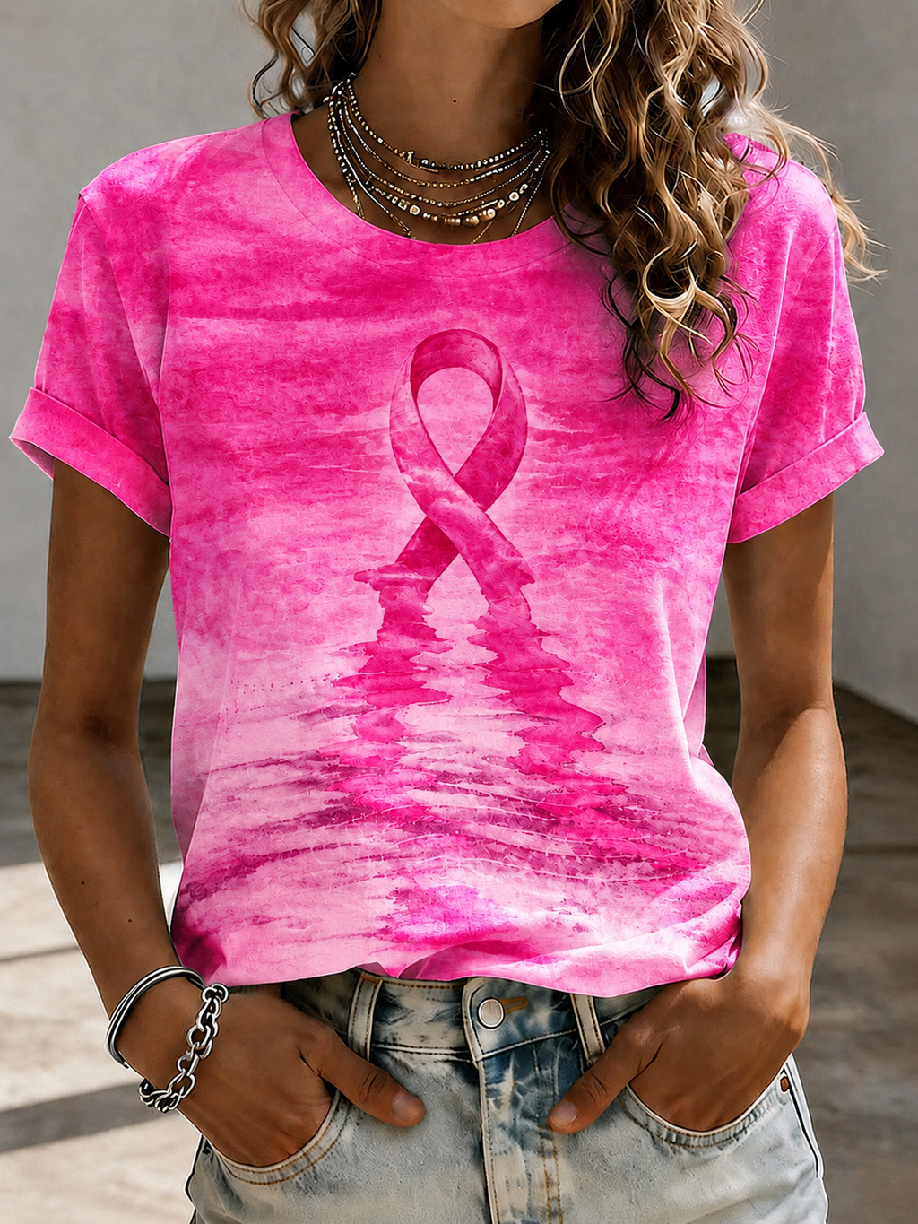 Women's pink tie breast cancer awareness print round neck short sleeve T-shirt