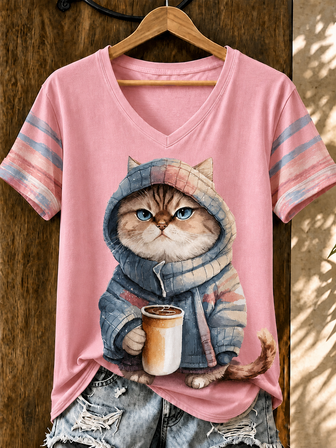Women'S Cute Cat Printed Casual V-Neck T-Shirt