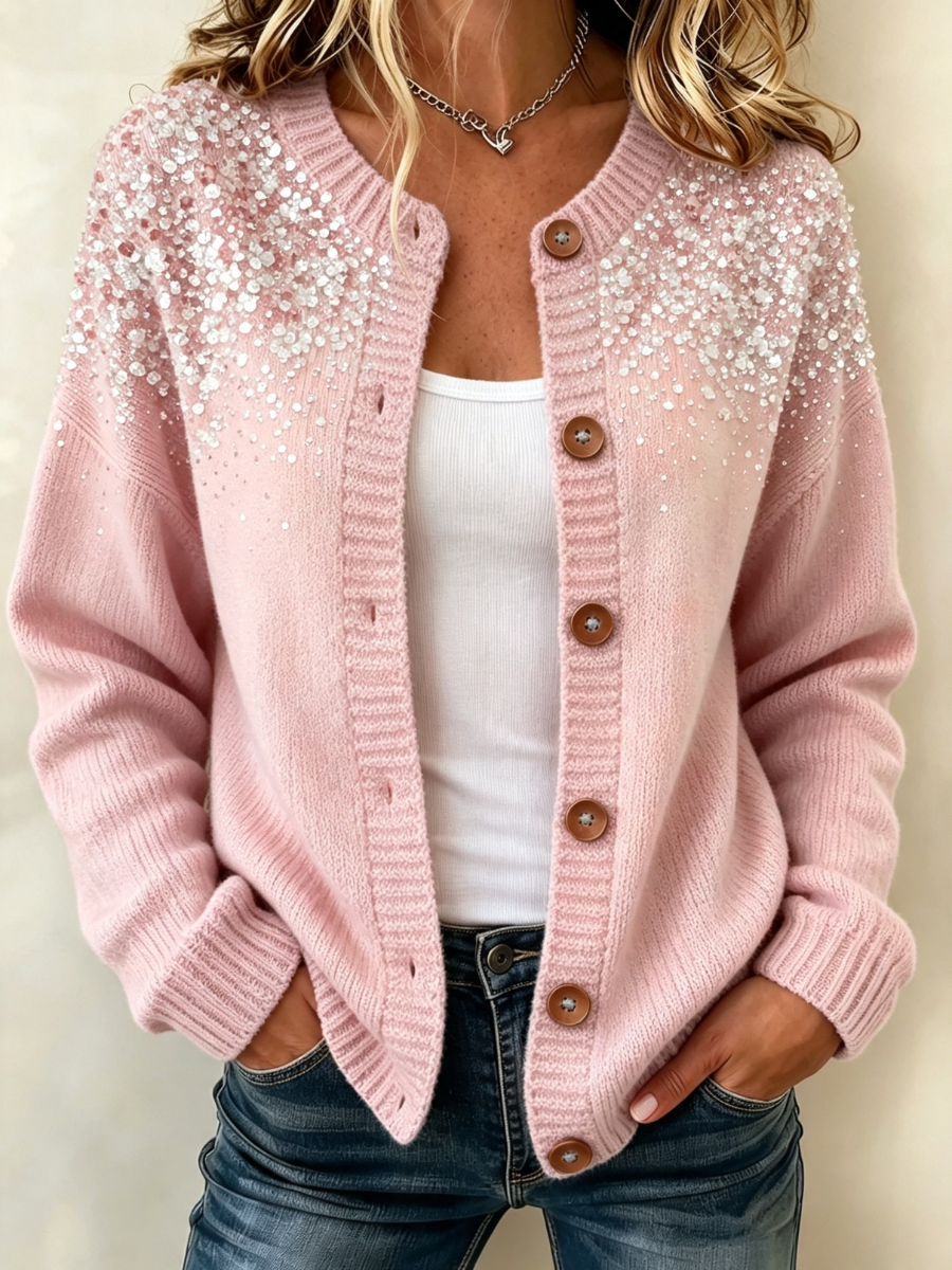 Women's Casual Pink Gradient Printed Knitted Cardigan Top