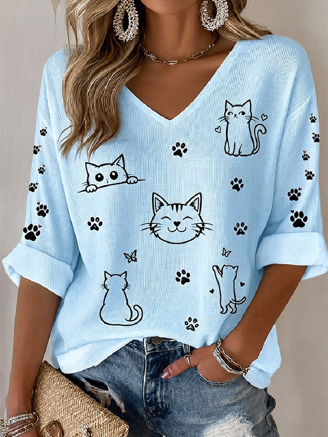 Women's Line Art Cat Paw Print V Neck Waffle Blouse