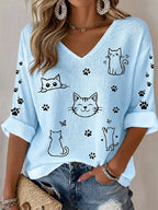 Women's Line Art Cat Paw Print V Neck Waffle Blouse