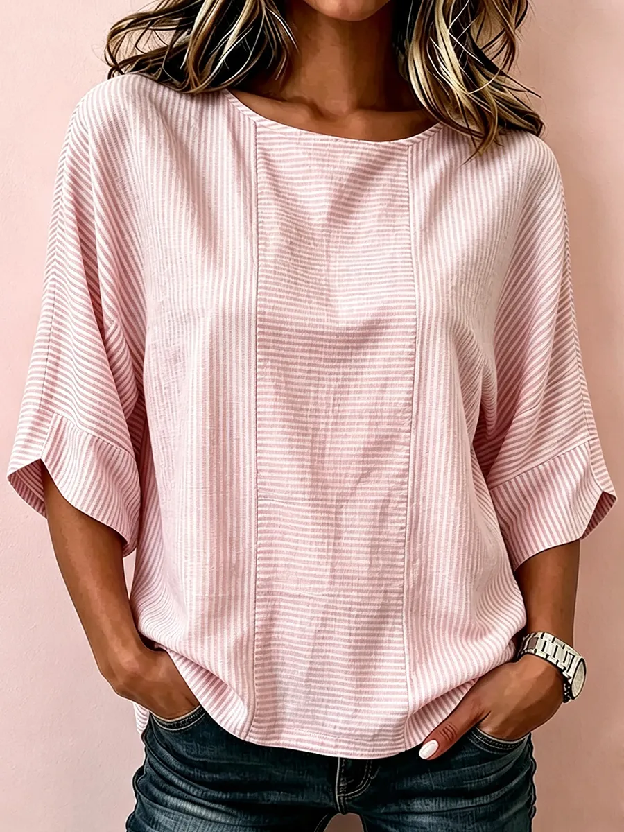 Women's Classy Pink Striped Art Print Linen Mid-sleeved T-shirt
