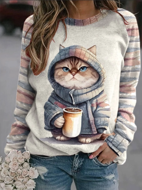 Women's retro cat art printed round neck shoulder sweatshirt