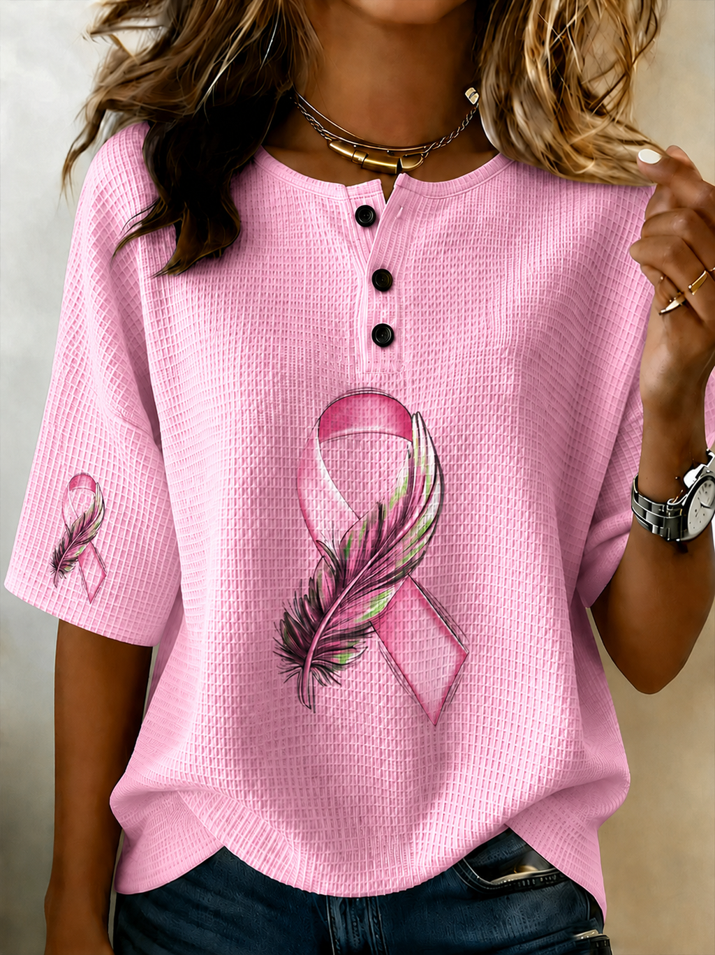 Women'S Breast Cancer Awareness Print Henry Neck Short Sleeve Waffle T-Shirt