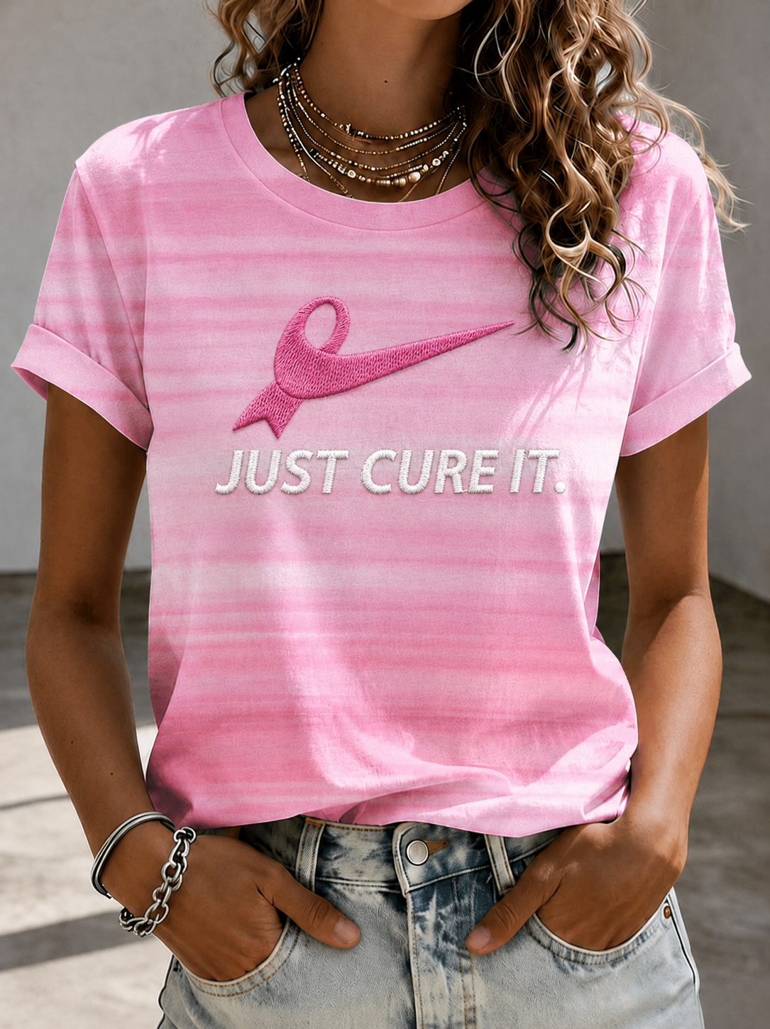 Women'S Breast Cancer Awareness Printing Short Sleeved T-Shirt