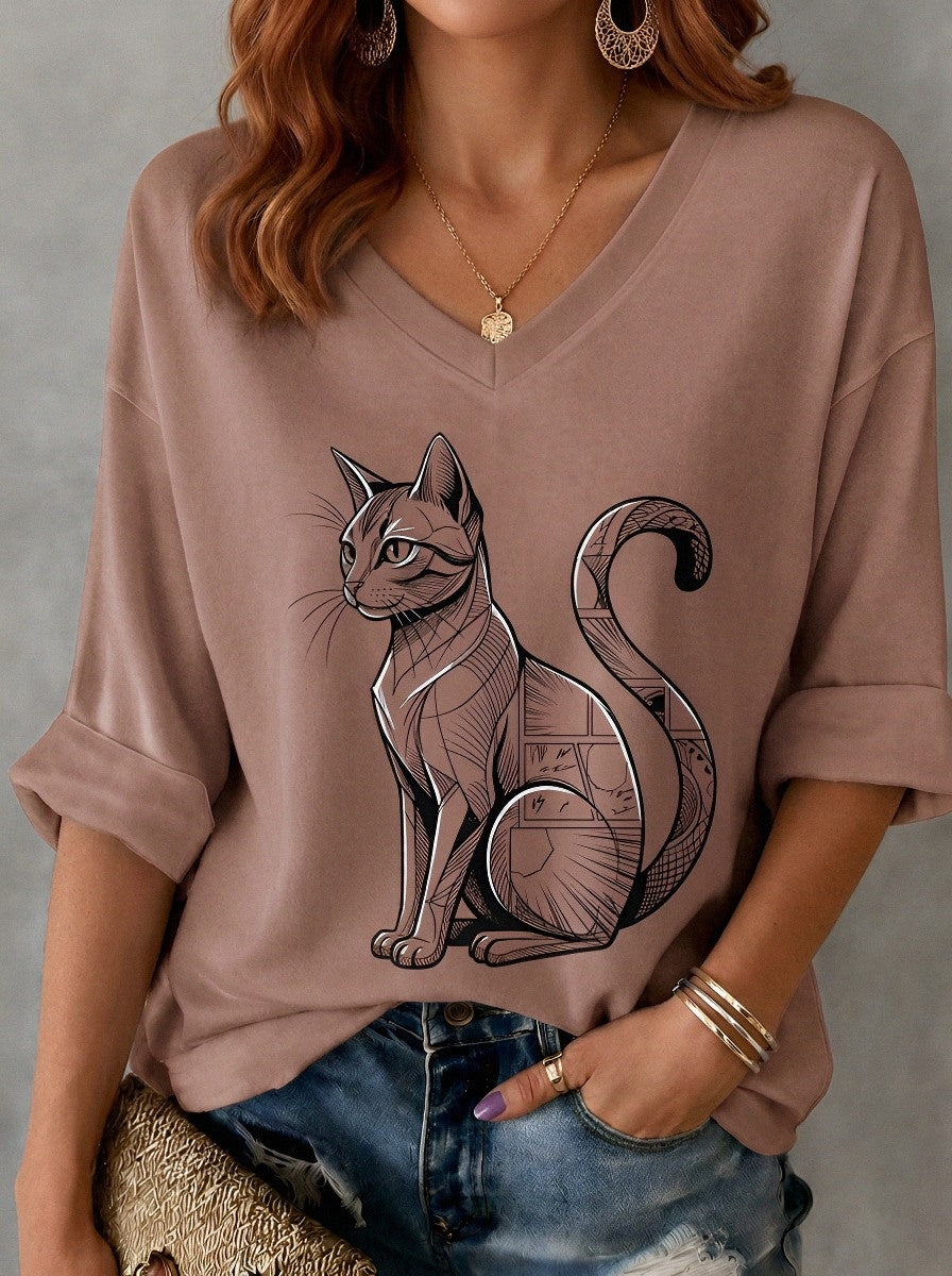 Women's Cat Lover Geometric Black Cat Printed V-neck T-shirt