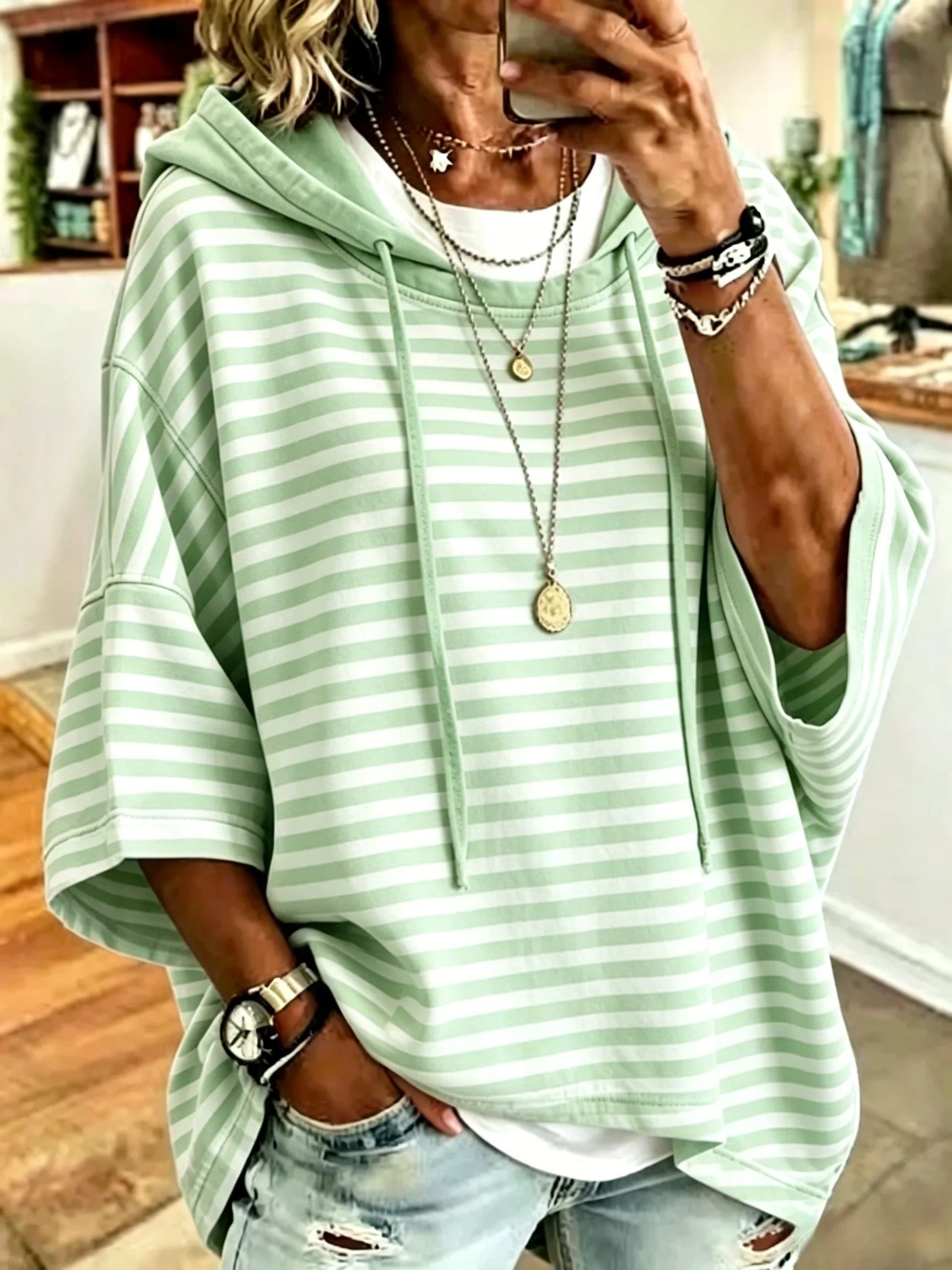 Women's Casual Loose Casual Striped Hooded Sweatshirt