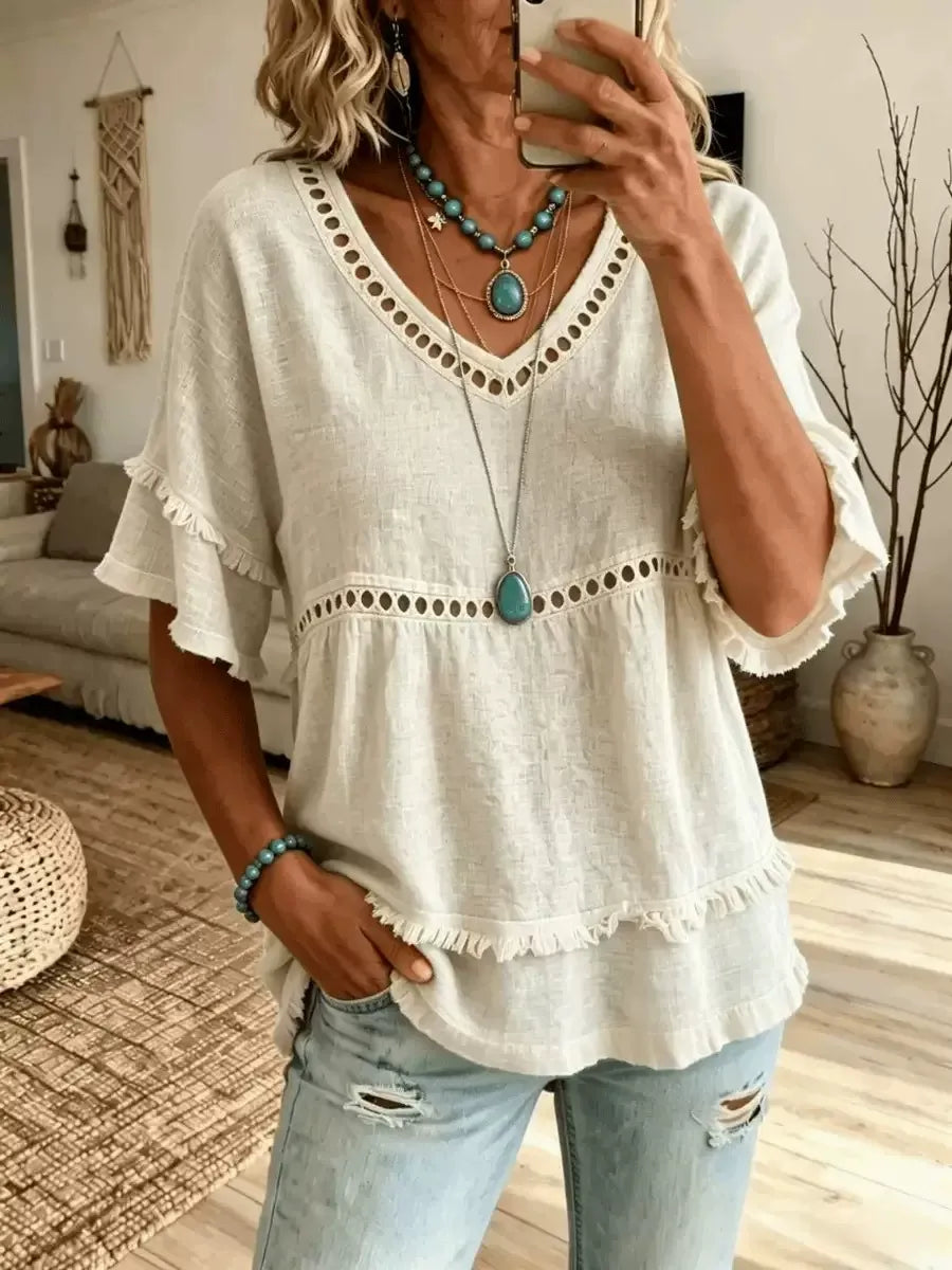 Women'S Casual V-Neck Solid Color Multi-Color Short Sleeved Shirt