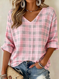 Ladies' Casual Checkered Printed V-Neck Top
