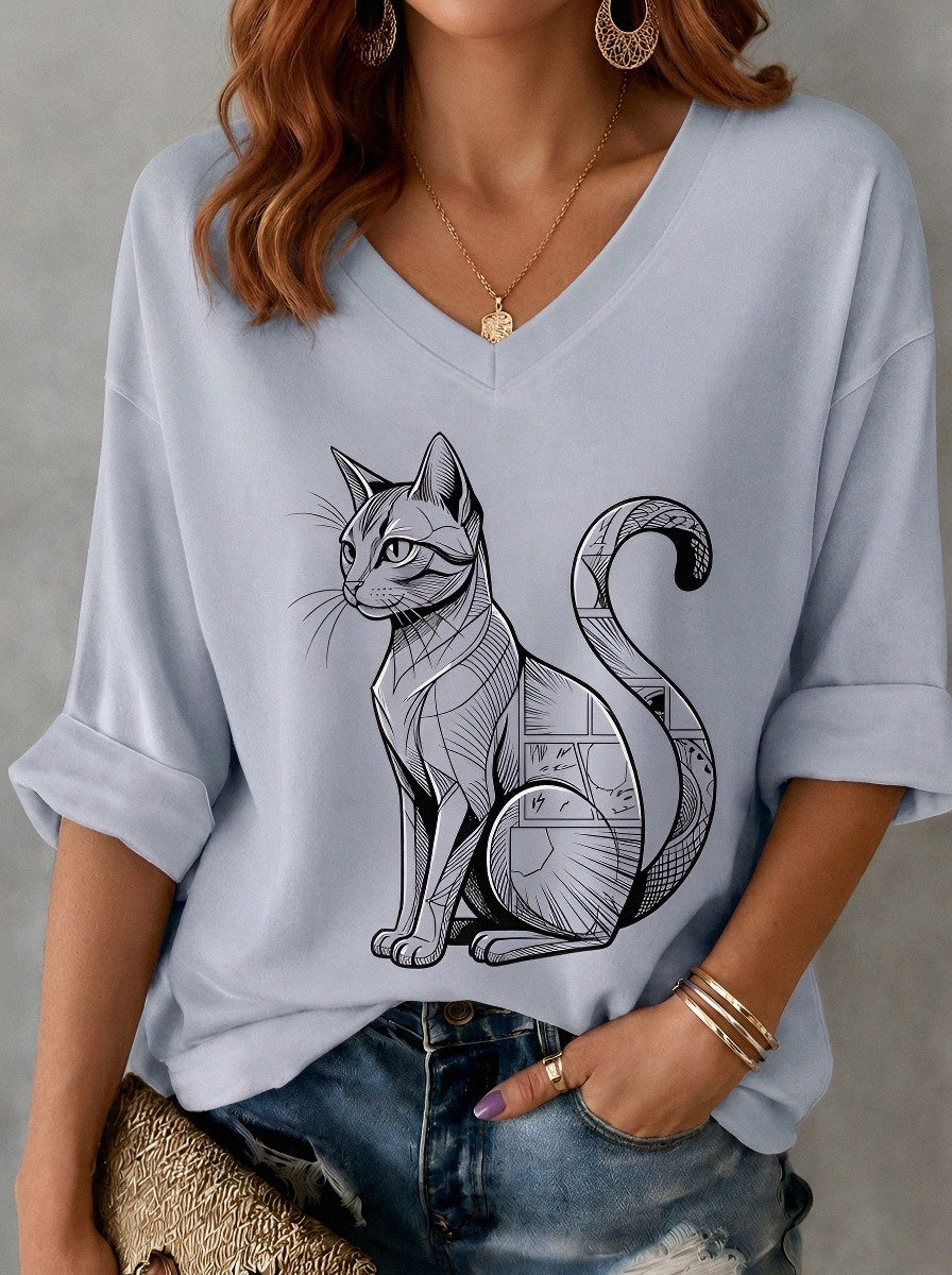 Women's Cat Lover Geometric Black Cat Printed V-neck T-shirt