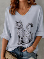 Women's Cat Lover Geometric Black Cat Printed V-neck T-shirt