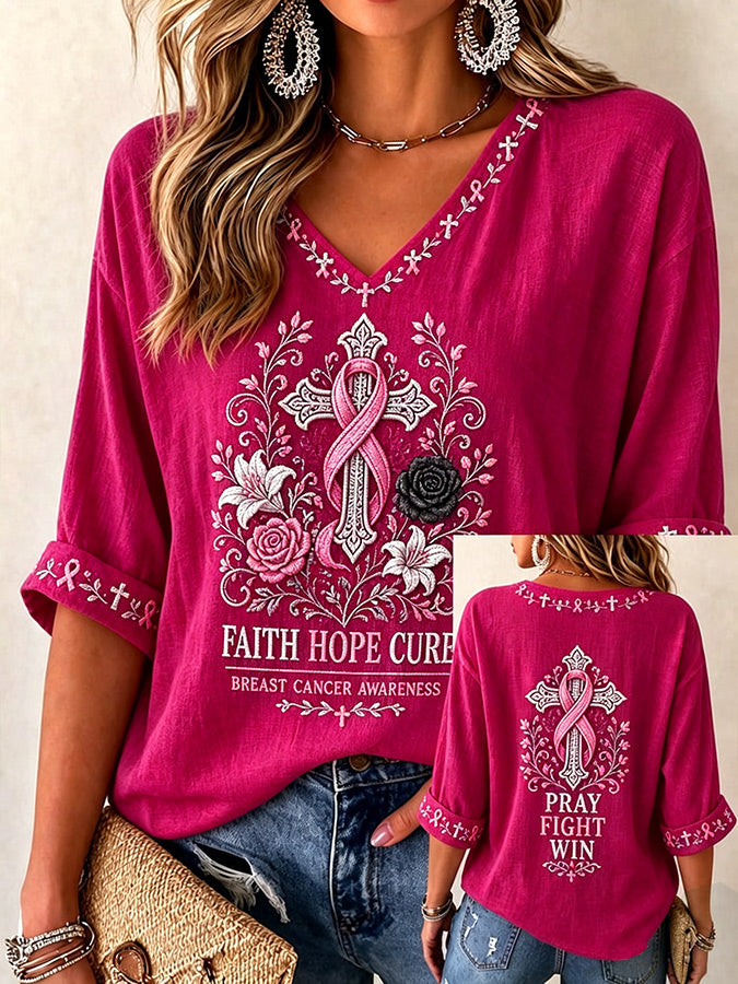 Women'S Breast Cancer Printed V-Neck Short Sleeve T-Shirt