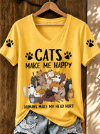 Women'S Cute Cat Printed Casual V-Neck T-Shirt