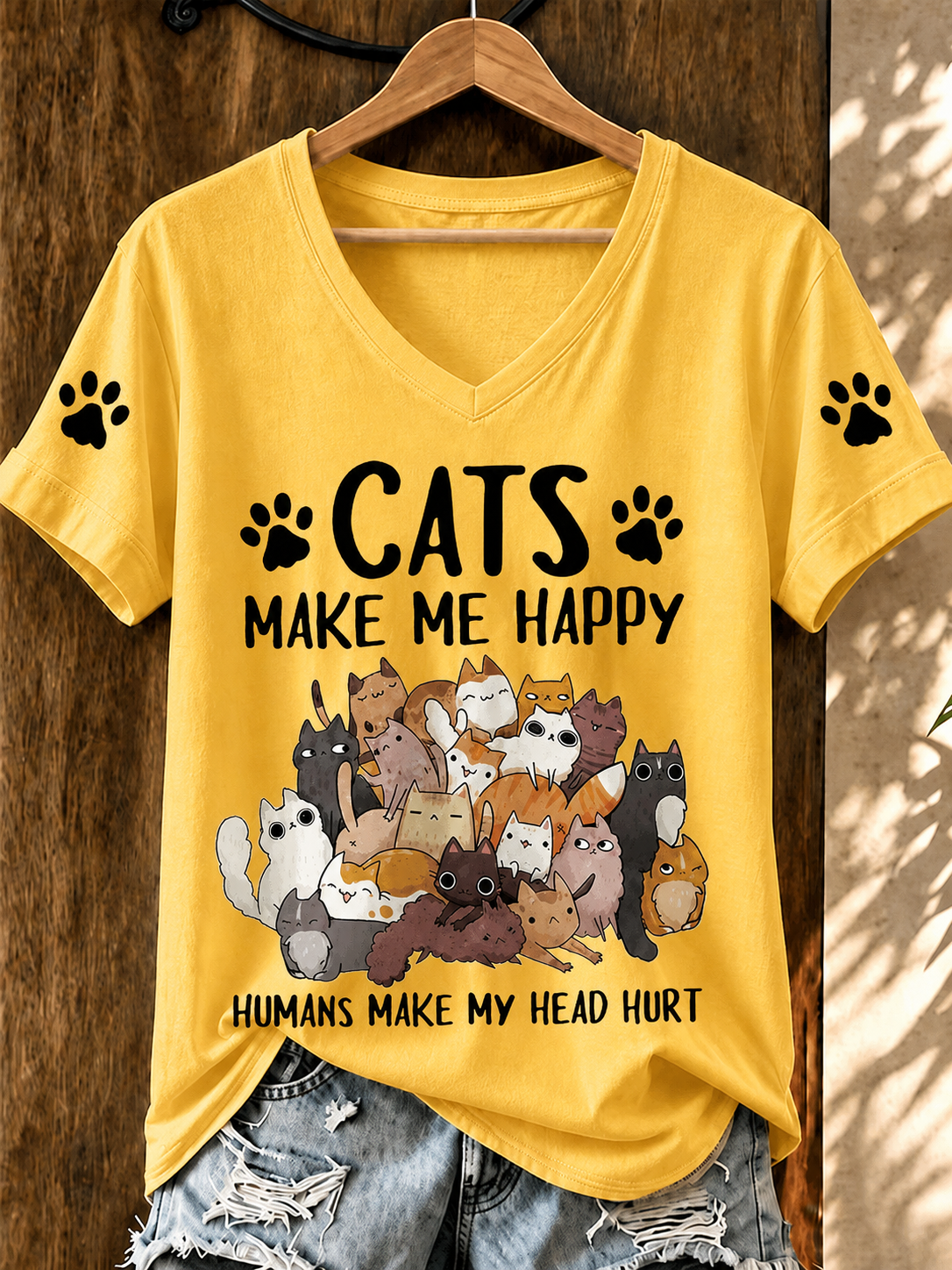 Women'S Cute Cat Printed Casual V-Neck T-Shirt