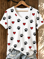 Women's Heart Paw Print Casual T-shirt