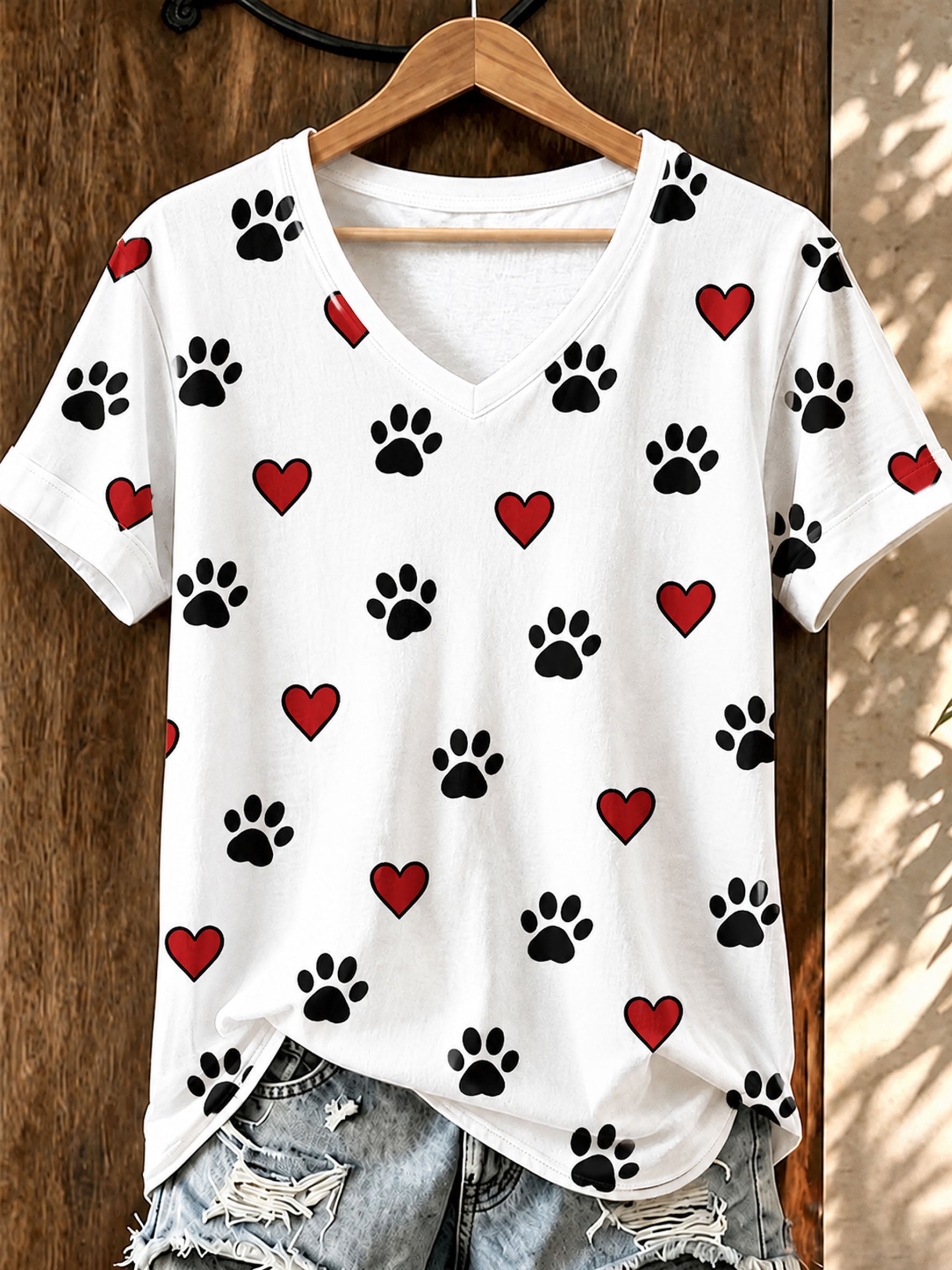 Women's Heart Paw Print Casual T-shirt