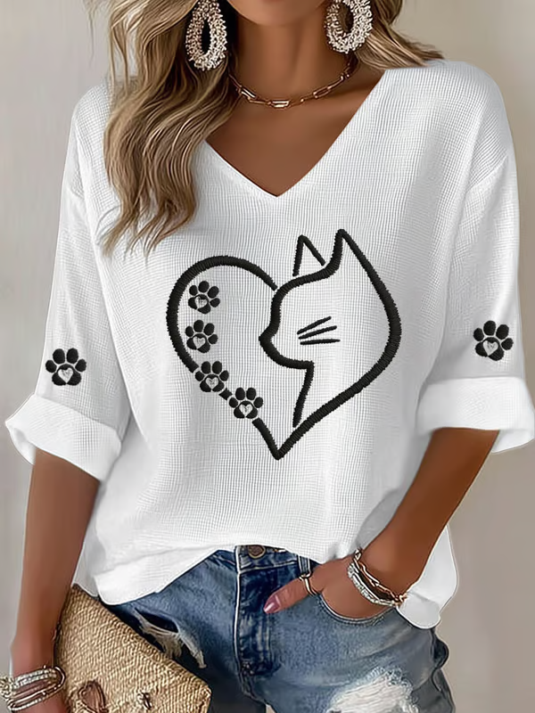 Women's Cute Cat Print Waffle T-shirt
