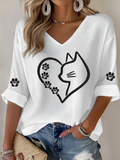 Women's Cute Cat Print Waffle T-shirt