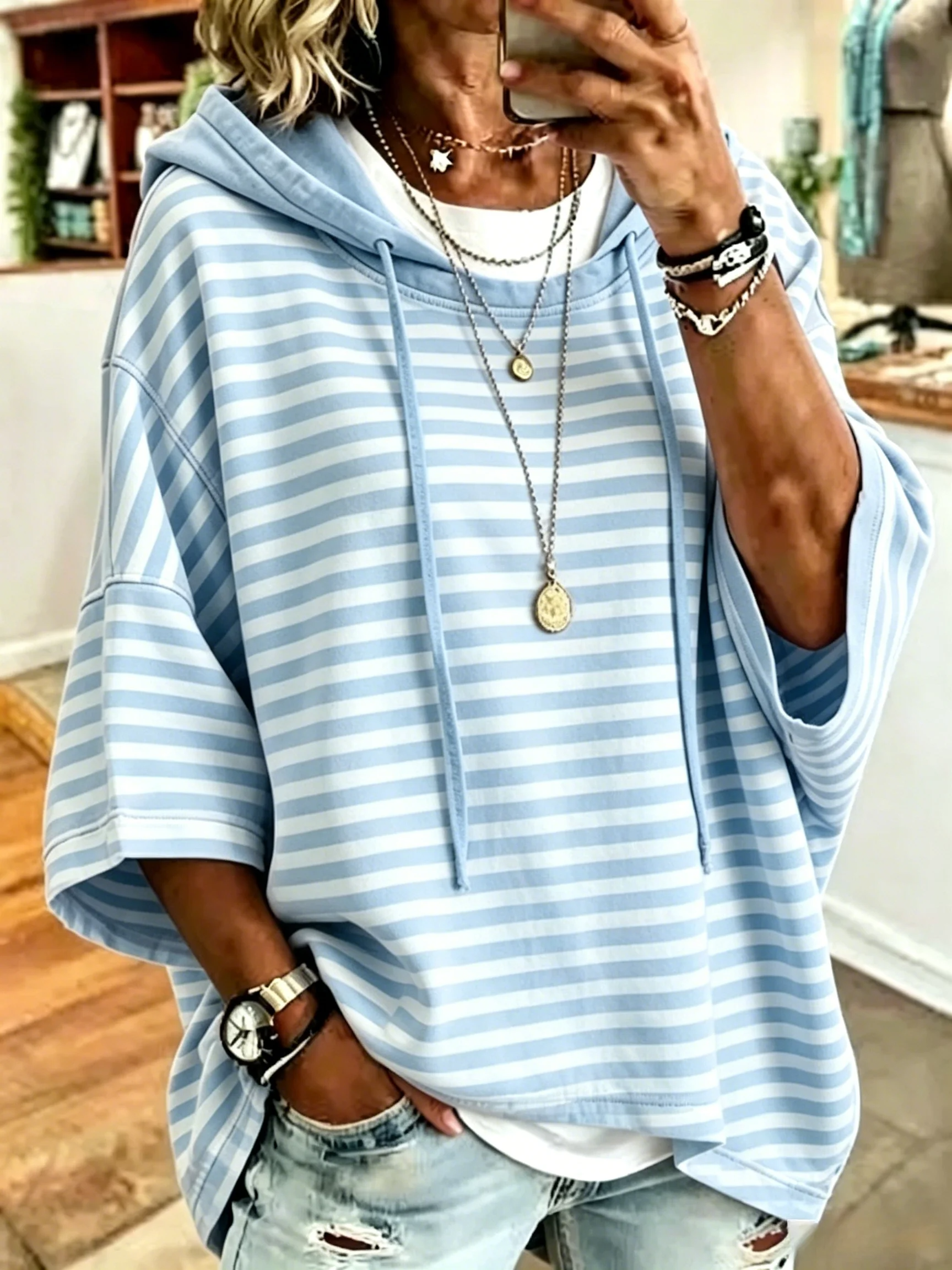 Women's Casual Loose Casual Striped Hooded Sweatshirt