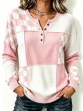 Women'S Patchwork Contrasting Henry Button Knit Top