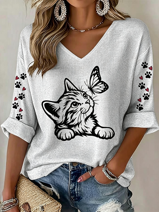 Women'S Cat Paw Print Waffle Print T-Shirt