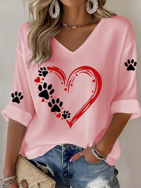 Women'S Paw Heart Print Casual Waffle T-Shirt