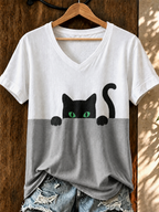 Women'S Cute Cat Printed Casual V-Neck T-Shirt