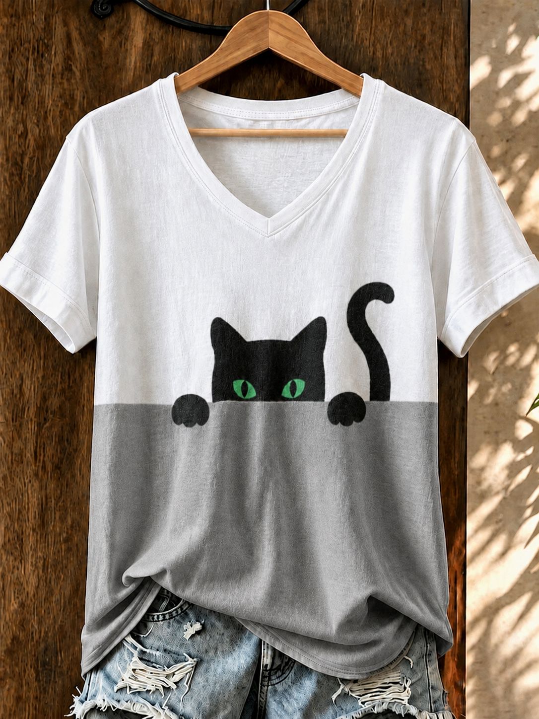 Women'S Cute Cat Printed Casual V-Neck T-Shirt