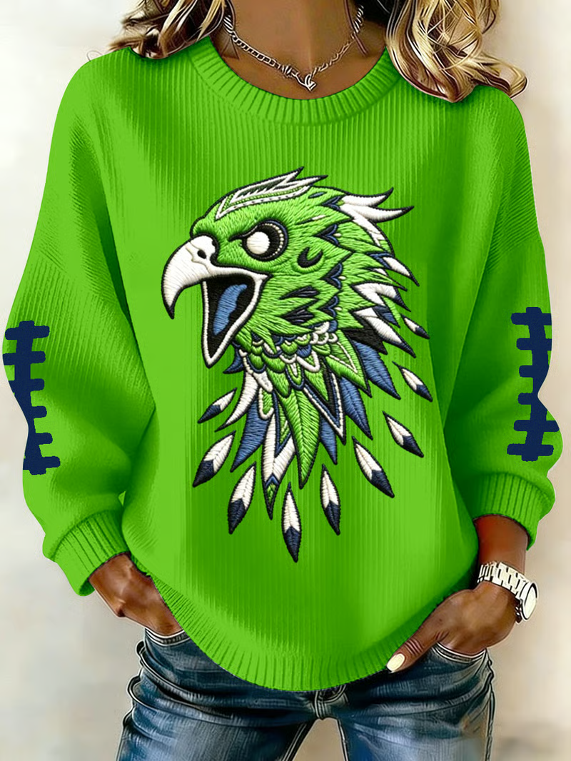 Women's Football Print Knit Crew Neck Long Sleeve Top