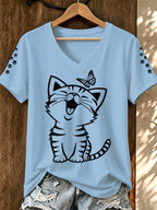 Women'S Cat Printed V-Neck T-Shirt
