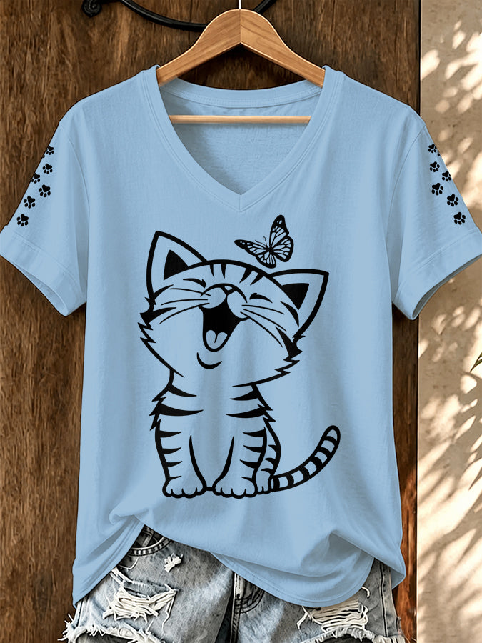 Women'S Cat Printed V-Neck T-Shirt