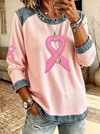 Women'S Casual Contrasting Heart-Shaped Ribbon Waffle Top