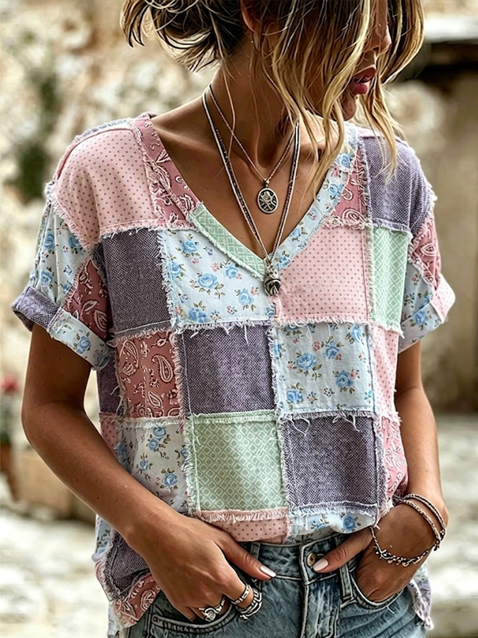 Women's Flower Vintage Splicing Cotton Linen V-Neck T-Shirt