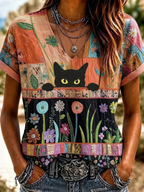 Women's Hippie Cute Cat In Patchwork Art Embroidered Linen Blend V Neck Tshirt