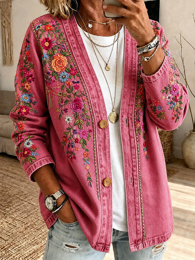 Women'S Pink Art Print Casual Cardigan