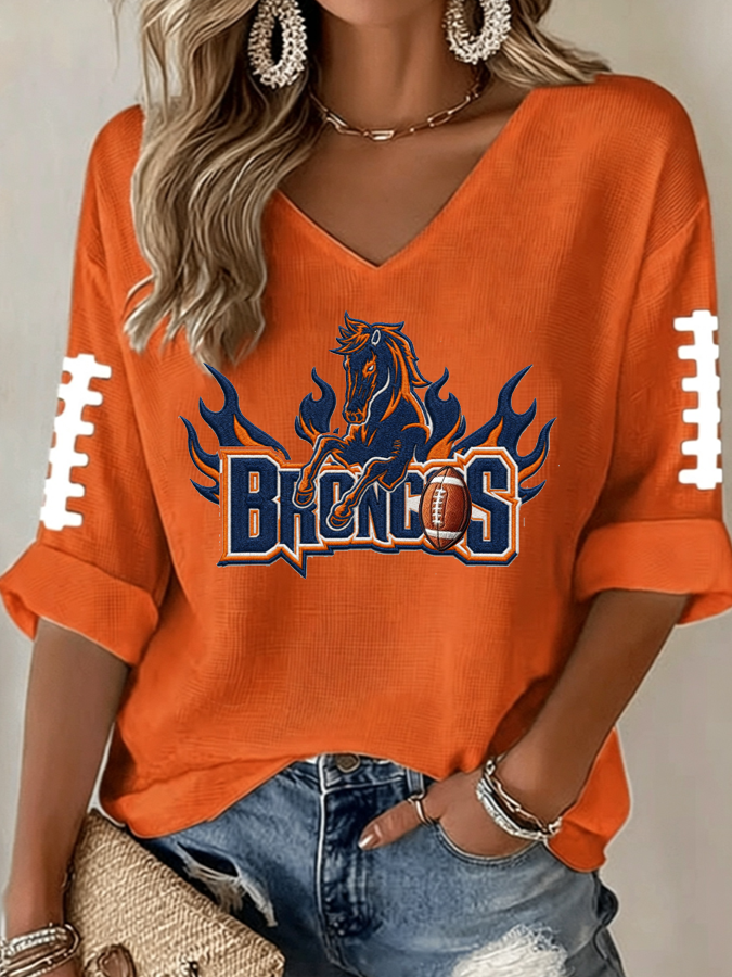 Women'S Rugby Patterned Waffle V-Neck Top
