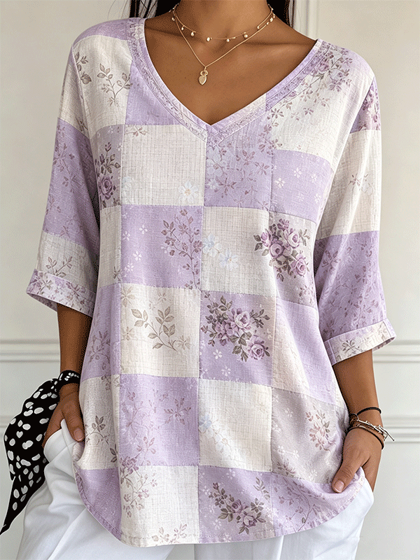 Women's Floral Plaid Patchwork V-Neck 3/4 Sleeve Tunic Blouse