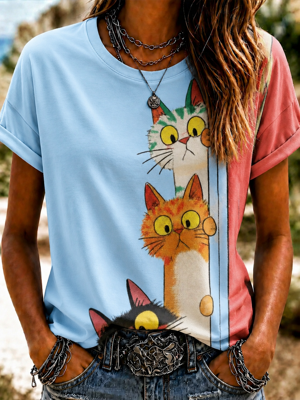 Women'S Cute Cat Art Printed Round Neck T-Shirt