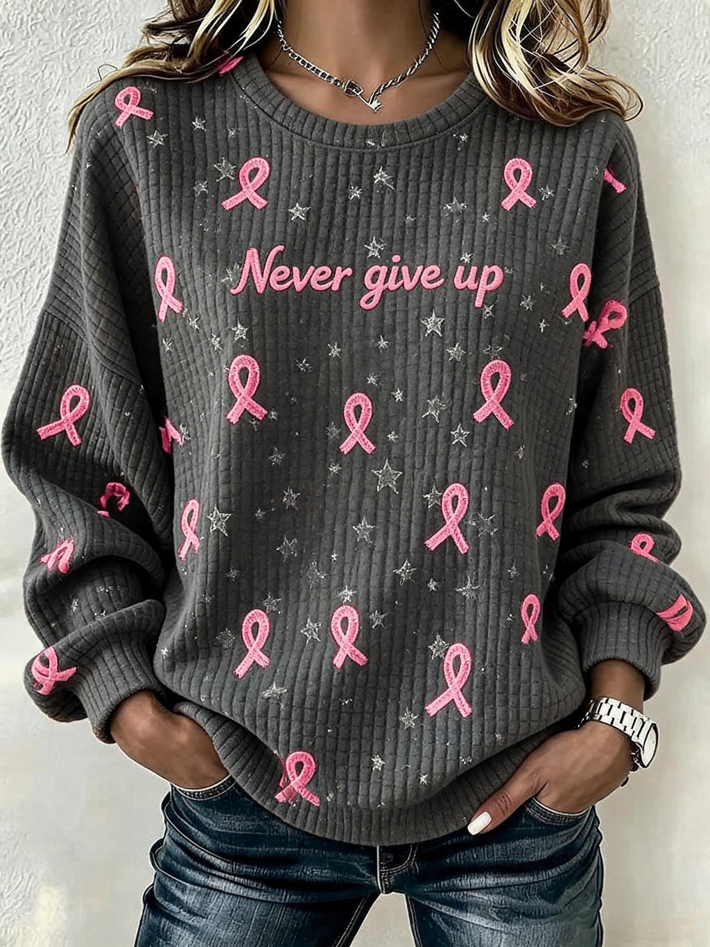 Women'S Pink Ribbon Breast Cancer Awareness Publicity Print Round Neck Plaid Sweatshirt