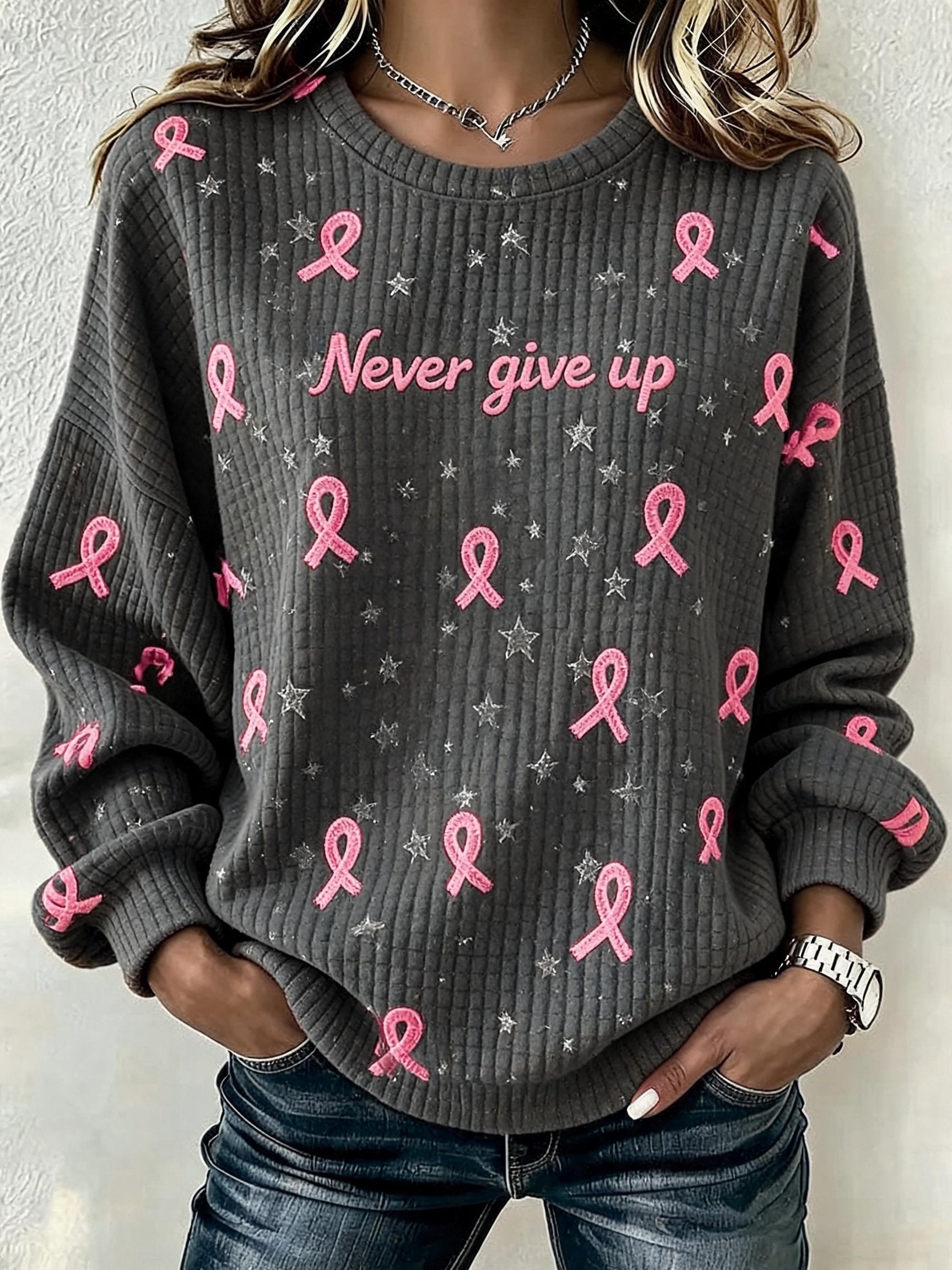 Women'S Pink Ribbon Breast Cancer Awareness Publicity Print Round Neck Plaid Sweatshirt