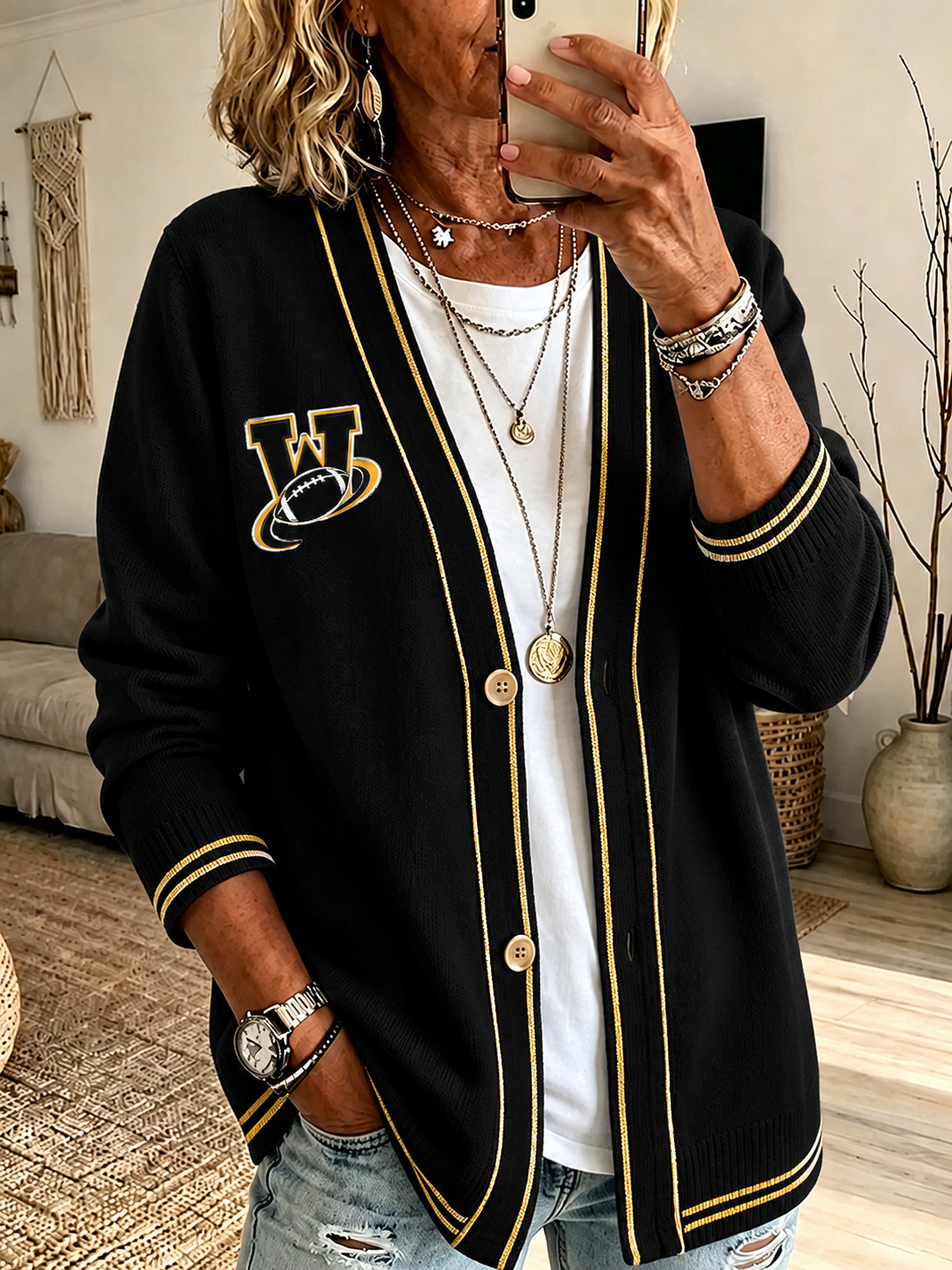 Women'S Football Print Cardigan