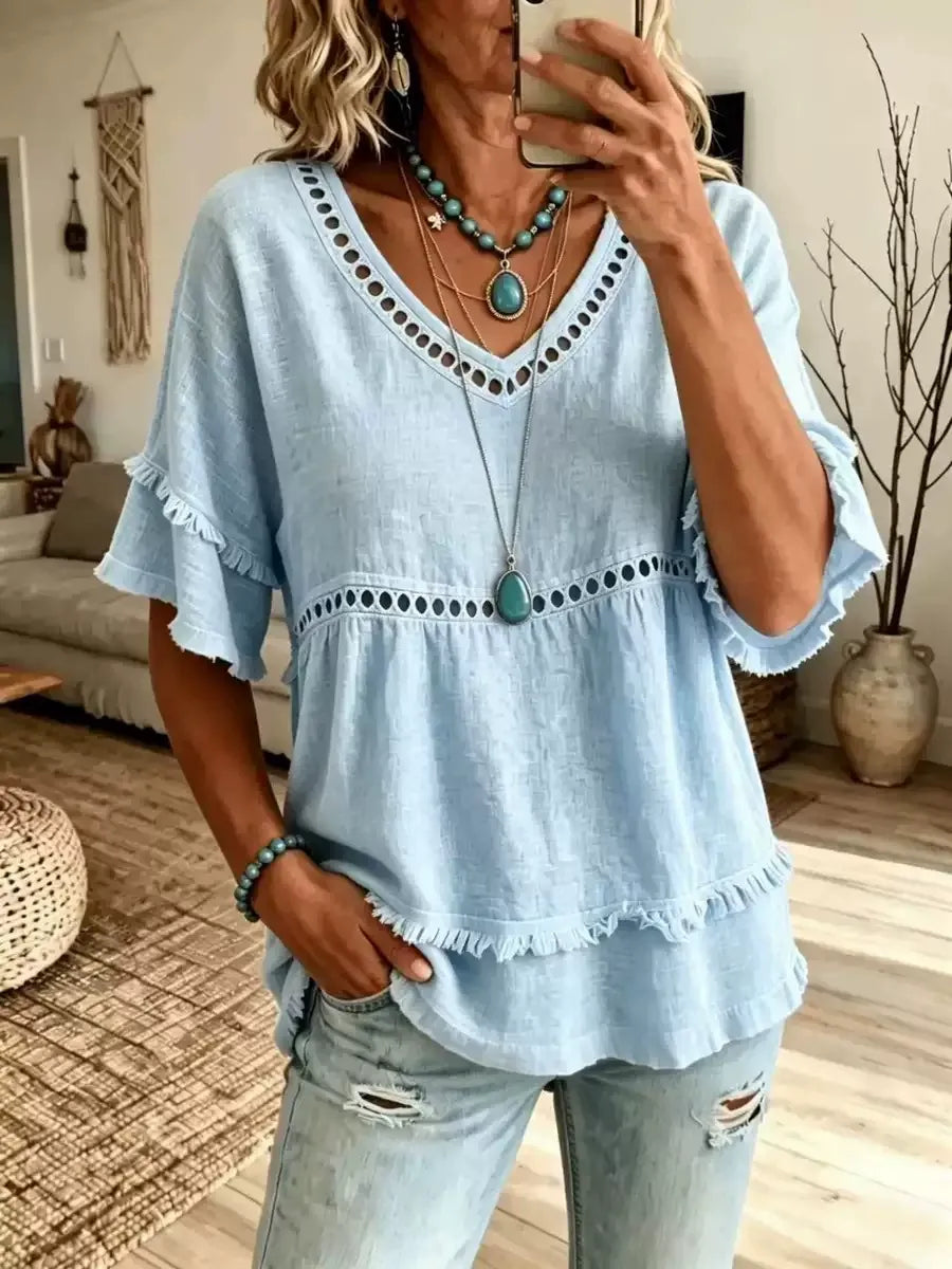 Women'S Casual V-Neck Solid Color Multi-Color Short Sleeved Shirt