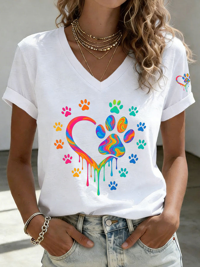 Women'S Paw Heart Print V-Neck T-Shirt
